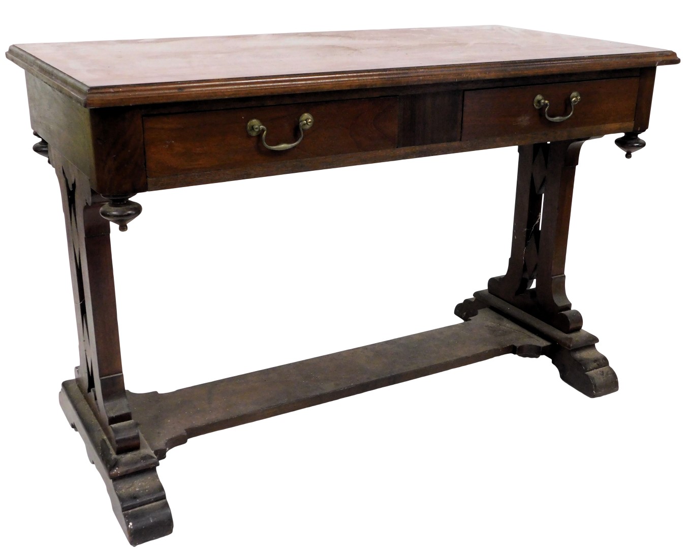 A 19thC mahogany side table, the rectangular top with a moulded edge above two frieze drawers, on pi