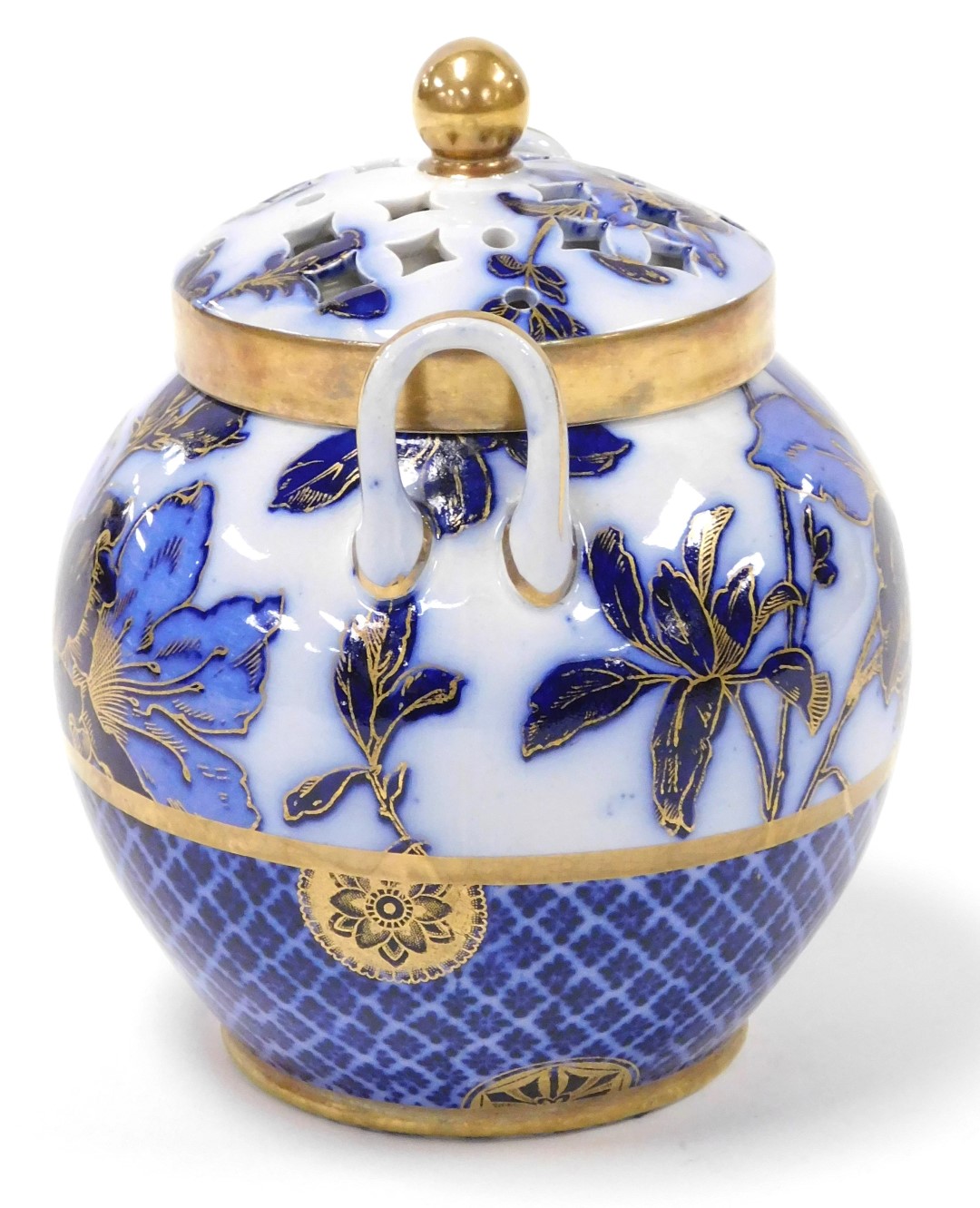 A late 19thC Wedgwood pottery twin handled pot pourri vase and cover, decorated in blue and white wi - Image 2 of 4