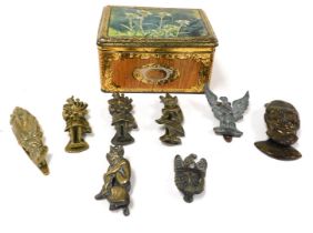 A group of 20thC brass door knockers, including a figural knocker of George V, crinoline lady, two b