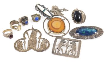 Silver and pewter jewellery, including an arts and crafts Ruskin style pewter, blue and green enamel