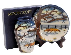 A Moorcroft pottery Woodside Farm pattern vase, circa 1999, painted and impressed marks, with stand,