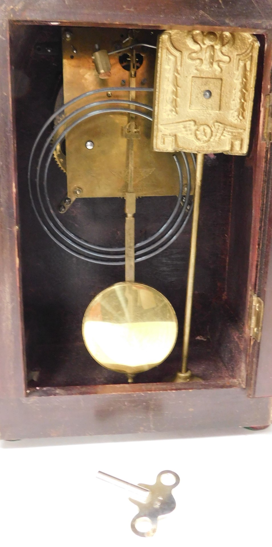 An Edwardian mahogany and inlaid mantel clock, circular cream dial bearing Arabic numerals, Kienzle - Image 3 of 3