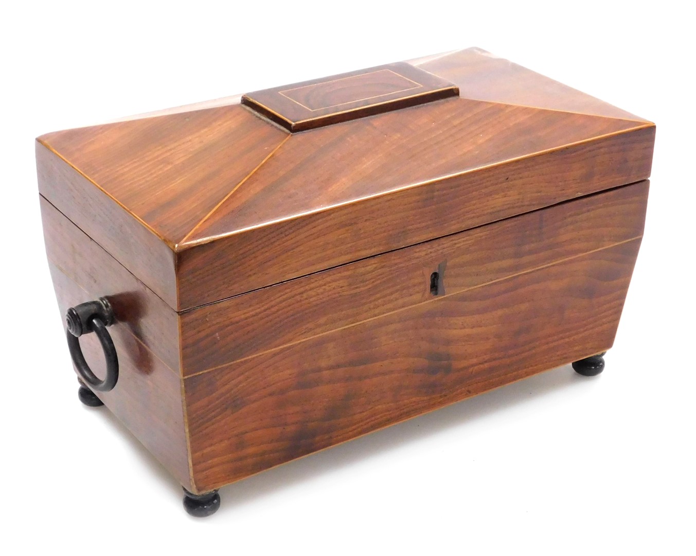 A Regency mahogany and rosewood tea caddy, with boxwood line inlay of sarcophagus form, with twin ri