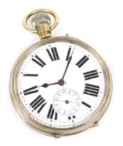 An early 20thC gentleman's oversized goliath silver plated pocket watch, open face, keyless wind, ci