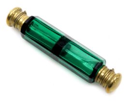 A Victorian green glass double ended scent bottle, with brass hinged lids, 10.5cm wide.