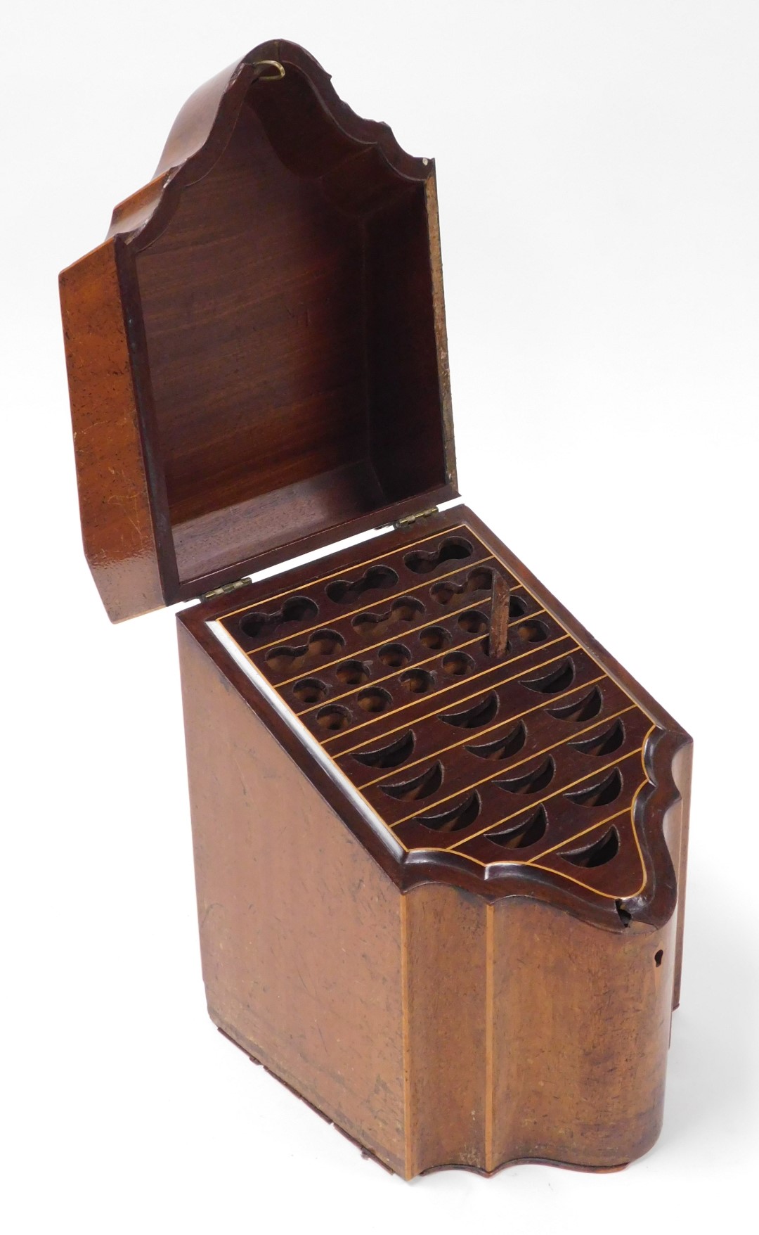 A George III mahogany and boxwood inlaid knife box, of serpentine form, the hinged lid opening to re - Image 2 of 3