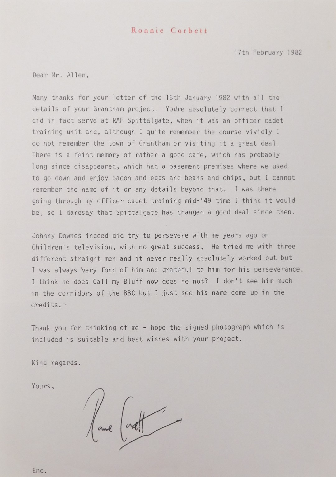 Grantham Interest. A signed letter from Ronnie Corbett, dated 17th February 1982, relating to his ti - Image 3 of 3