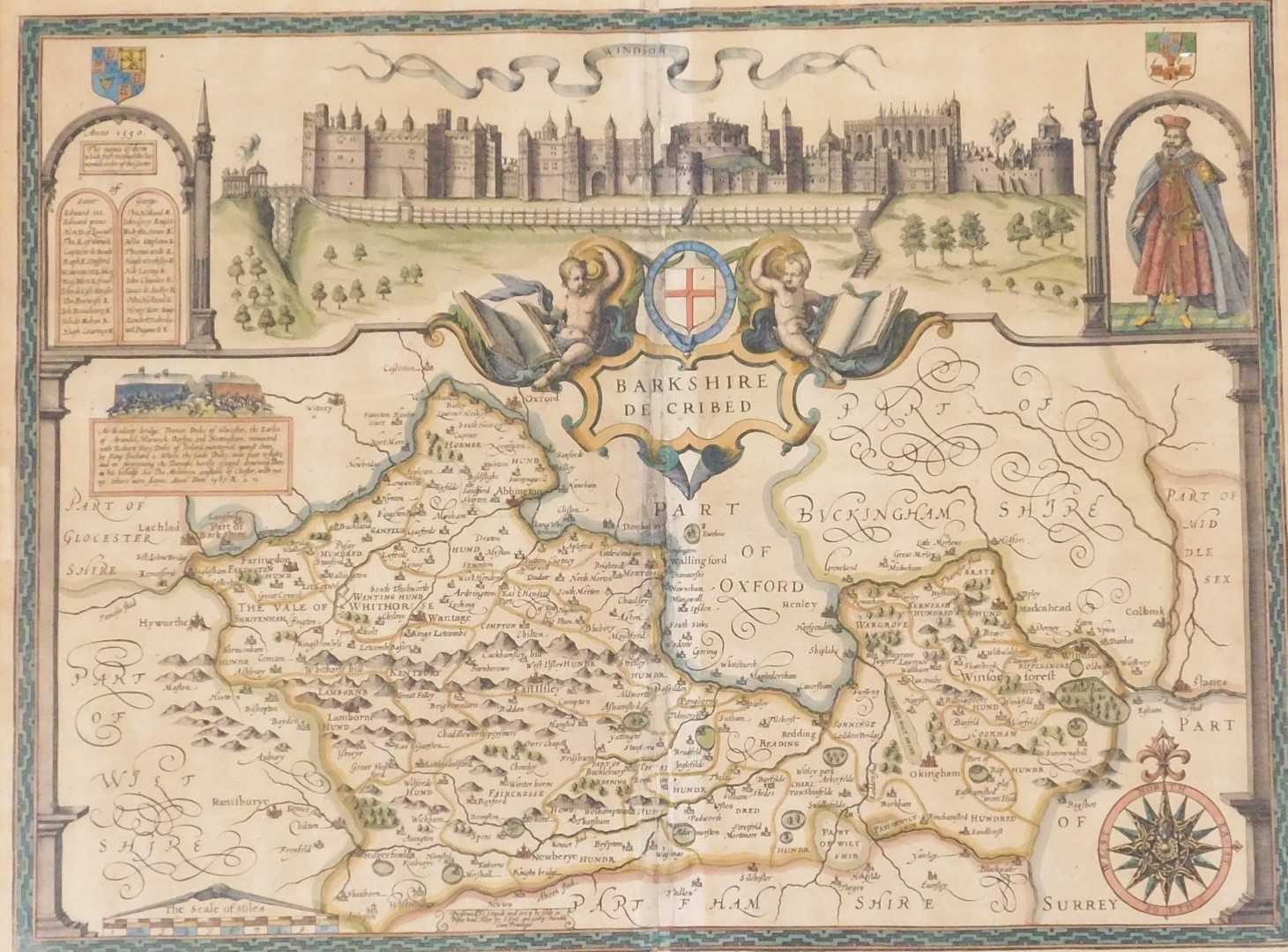 John Speed (1552-1629). A map of Barkshire with a view of Windsor, hand coloured engraving, 40cm x 5