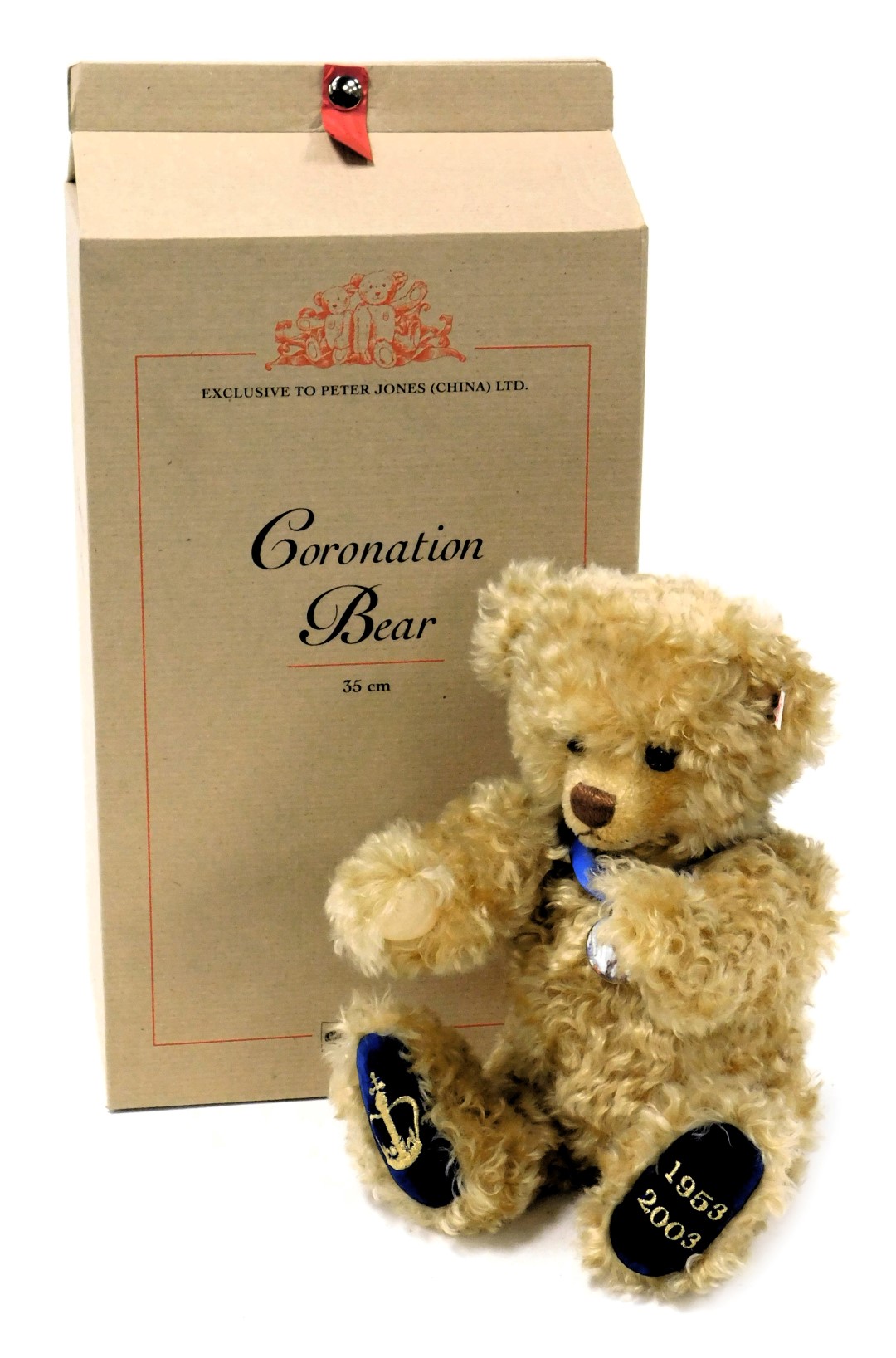 A Steiff coronation bear, exclusive to Peter Jones (China) Ltd, boxed with certificate, 35cm high.