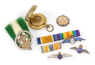 A Victorian Masonic pendant, with set square and compass, three RAF badges, two ribbon bars, a Boy S