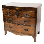 A 19thC mahogany bow fronted chest of drawers, the plain frieze with an oval patera above two short