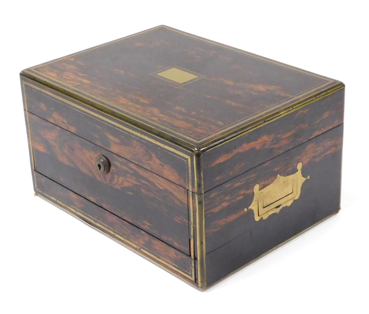 A Victorian coromandel and brass bound writing box, the lock plate stamped S Morden and Company, the