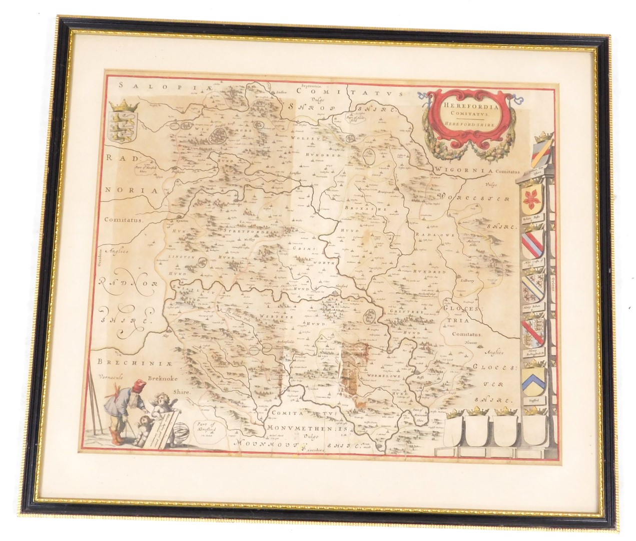 An 18thC map of Herefordshire, showing coats of arms, hand coloured engraving, 40cm x 48cm. (AF) - Image 2 of 3