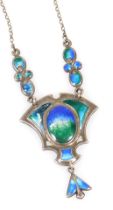 An Edwardian Art Nouveau silver and enamel pendant on chain, in the manner of Charles Horner, 11.0g.