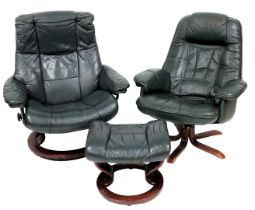A pair of green leather upholstered swivel chairs, in Stressless style, with x shaped base, together