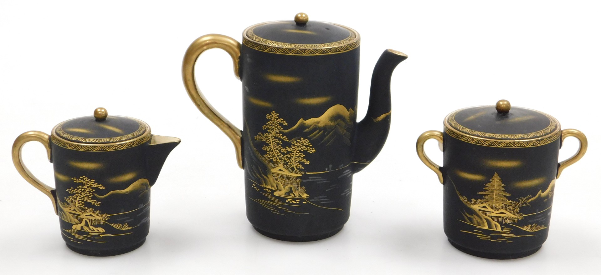 A Meiji period Japanese earthenware coffee service, gilt decorated with a river landscape before Mou - Image 11 of 16