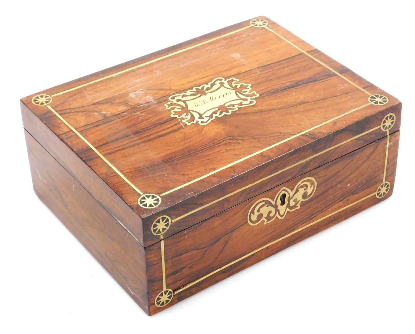 A Victorian rosewood and brass inlaid sewing box, with escutcheon to the lid named for M P Morris, t