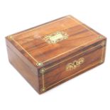 A Victorian rosewood and brass inlaid sewing box, with escutcheon to the lid named for M P Morris, t