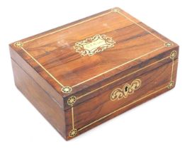 A Victorian rosewood and brass inlaid sewing box, with escutcheon to the lid named for M P Morris, t