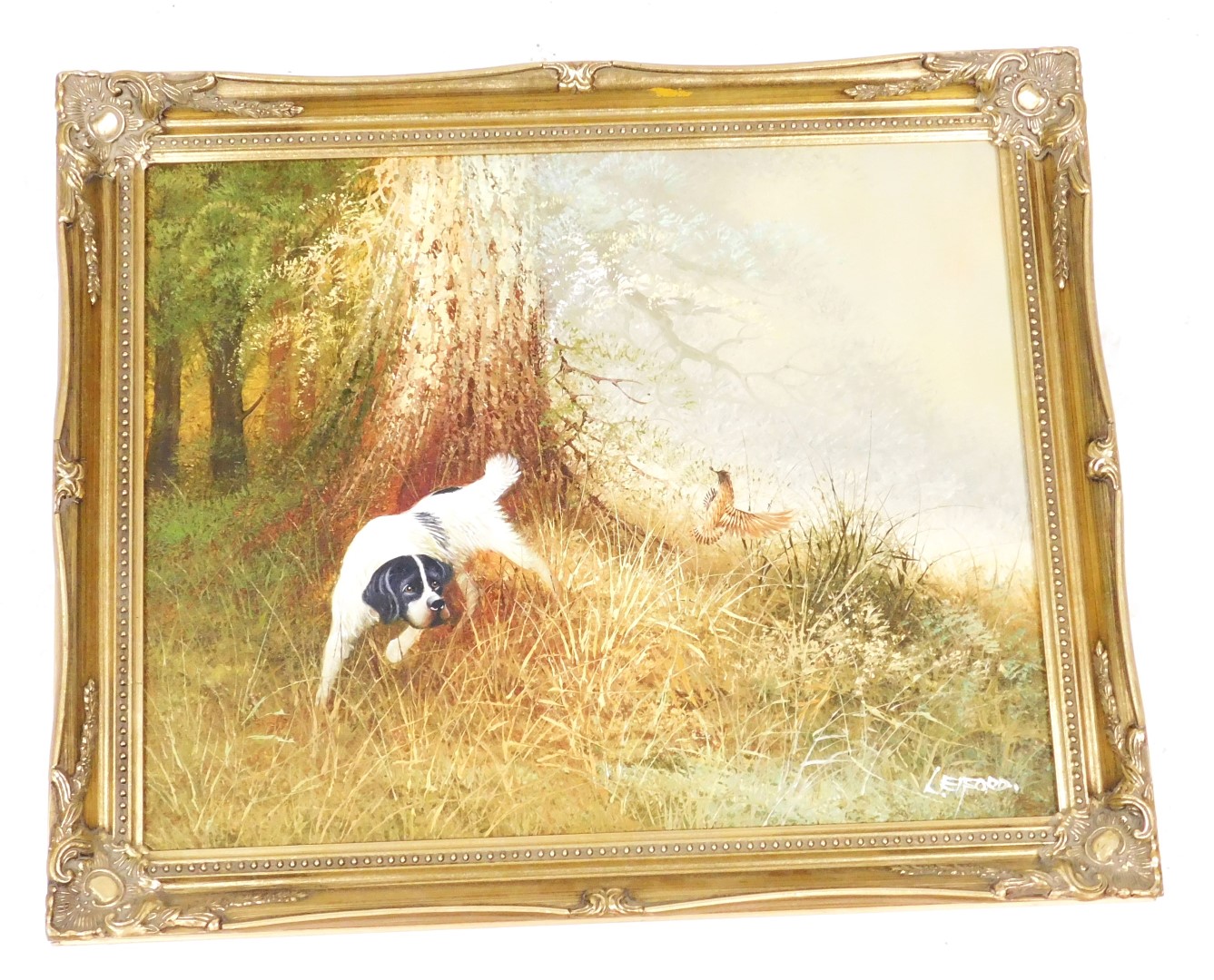 Leiford (Late 20thC). Woodland scene with hunting dog and game bird, oil on canvas, signed, 39cm x 4 - Image 2 of 3
