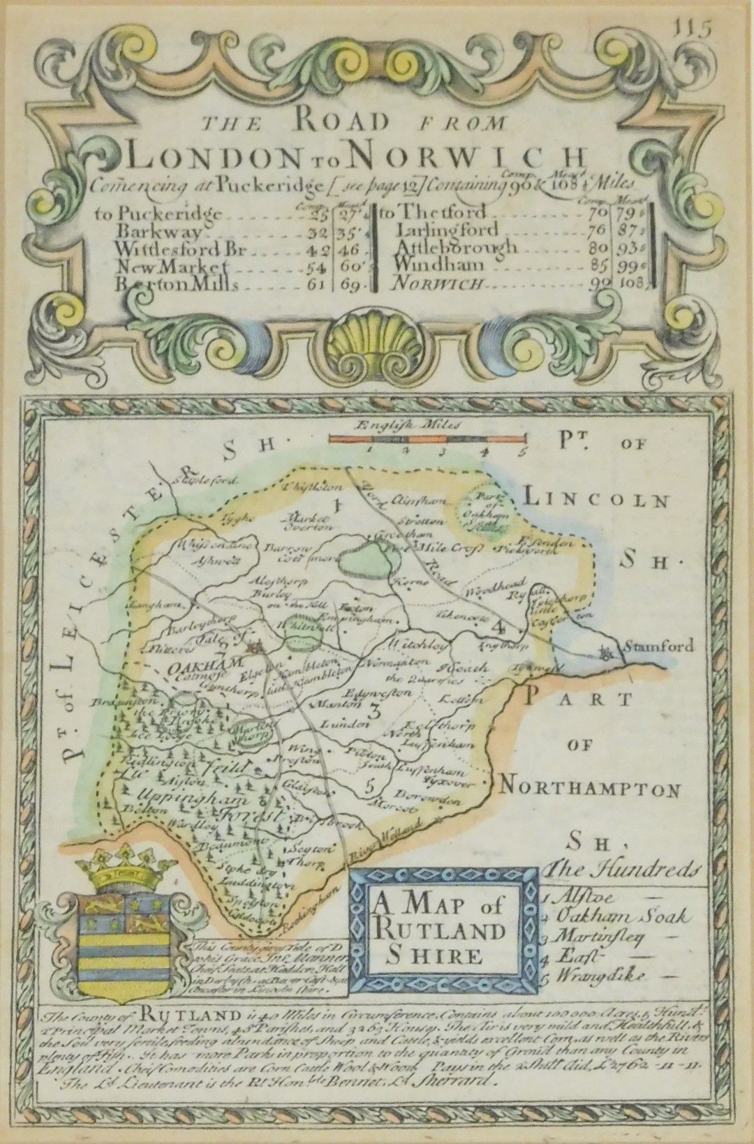 An 18thC map of Rutlandshire, hand coloured engraving, beneath details of the road from London to No - Image 2 of 3