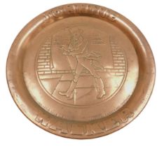 A Johnie Walkerc whisky copper advertising tray, 34cm wide.