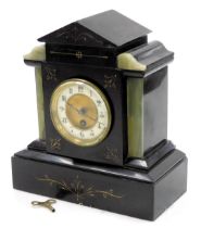 A Victorian slate and onyx mantel clock, circular brass dial with chapter ring bearing Arabic numera