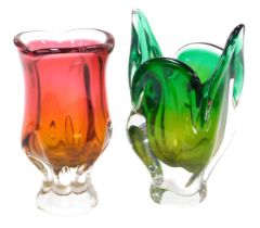 A late 20thC Josef Hospodka ruby to amber glass vase, 19cm high, together with a Chribska green to y