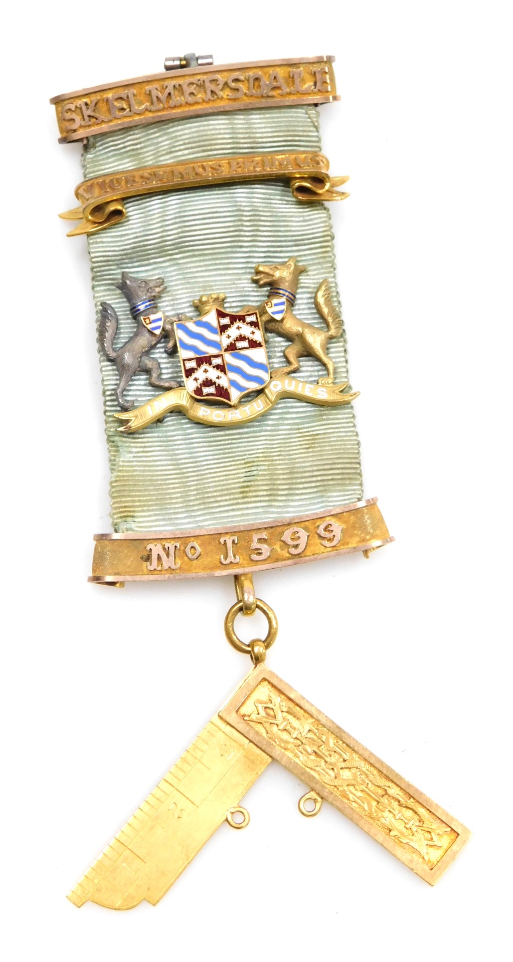 A Victorian Masonic jewel, for Skelmersdale number 1599 lodge, with moto and coat of arms, and 18ct