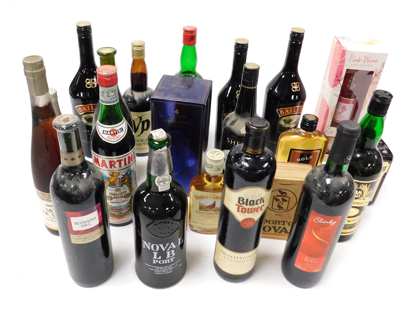 Wines and spirits, including a bottle of Courvoisier VSOP cognac, three bottles of Baileys Original