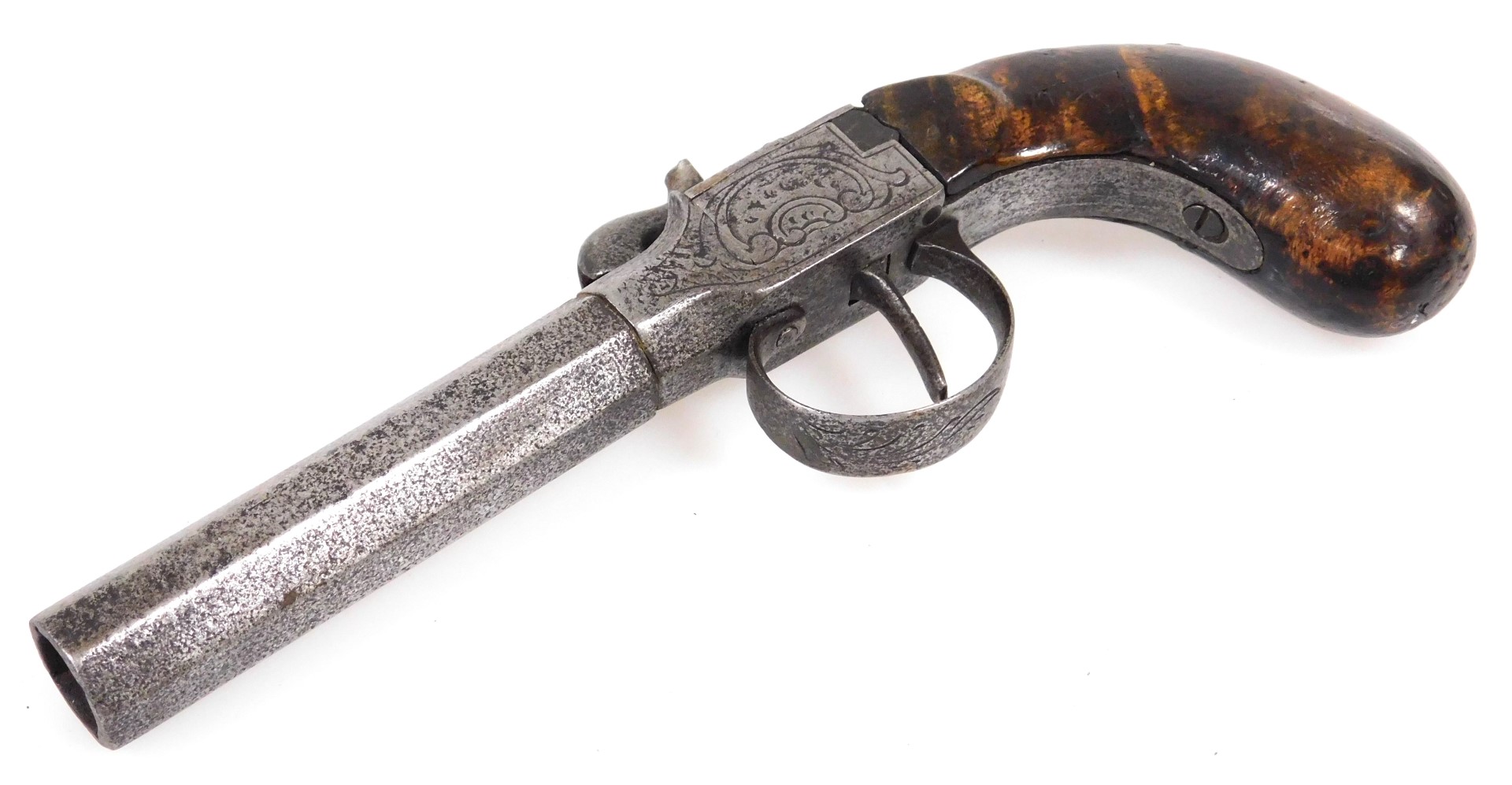 A 19thC side lock percussion cap pocket pistol, with an 8cm long octagonal barrel and walnut grip, 1 - Image 3 of 3