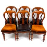 A set of six Victorian mahogany balloon back dining chairs, with a carved splat, and overstuffed bro