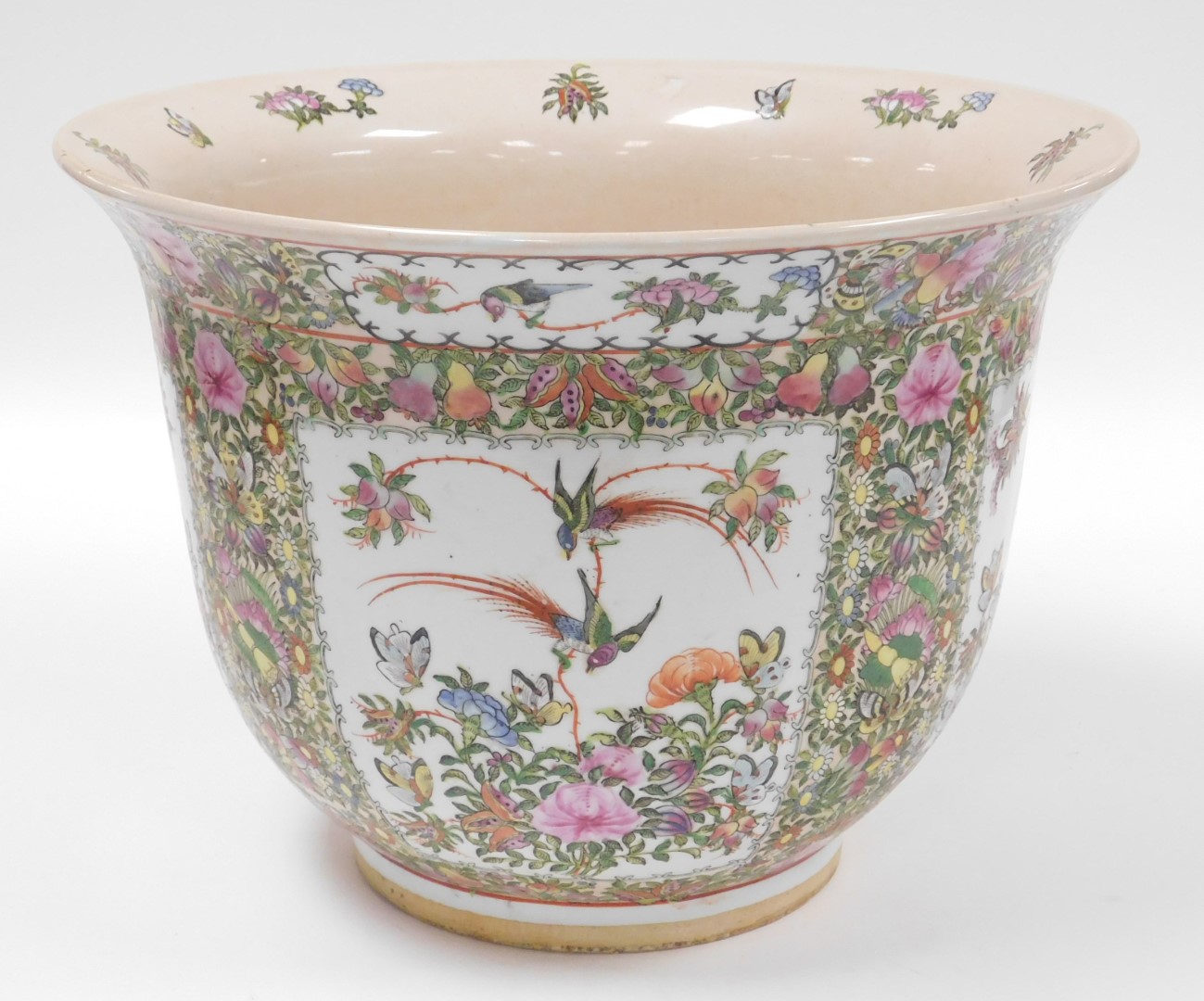 A Chinese Canton porcelain jardiniere, decorated with birds and insects within floral borders, 33cm - Image 4 of 6