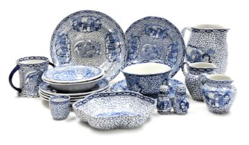 A group of early 20thC Adams blue and white pottery tablewares, decorated in a Chinoiserie pattern,