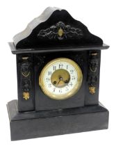 A late 19thC slate mantel clock, circular brass dial with enamel chapter ring bearing Arabic numeral