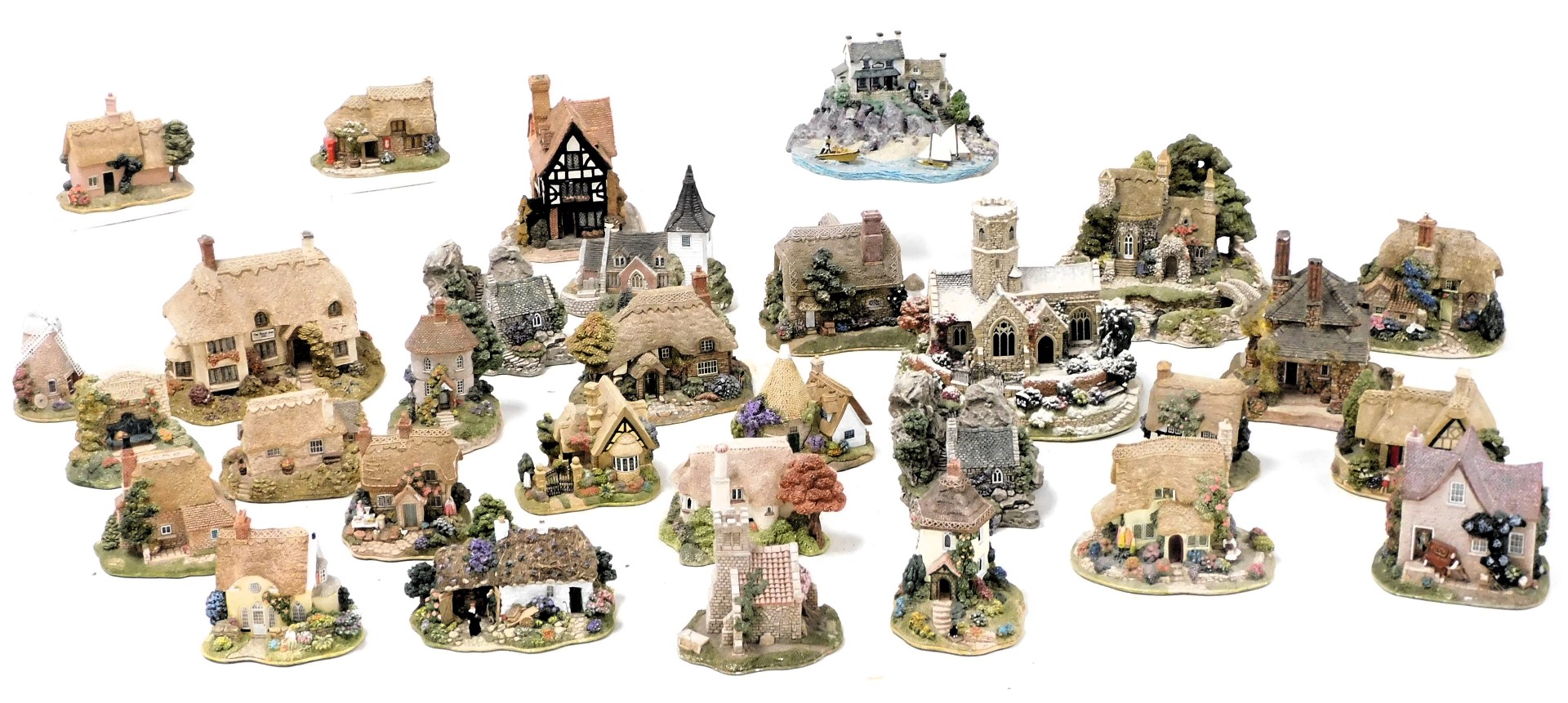A group of Lilliput Lane and other cottages, including Lead Kindly Light in Winter, Convent in the W