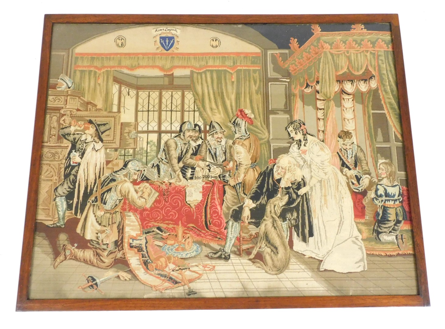 A Victorian wool work picture, depicting a Cavalier family being demanded money by Roundheads, in an - Image 2 of 2