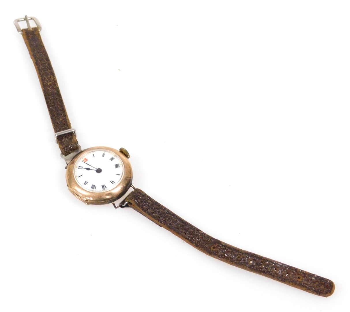 A mid century 9ct rose gold cased lady's wristwatch, circular white enamel dial bearing Roman numera - Image 2 of 2