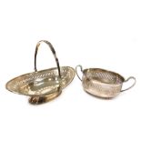 An Adam style silver plated oval basket, with pierced and engraved decoration, and swing handle with