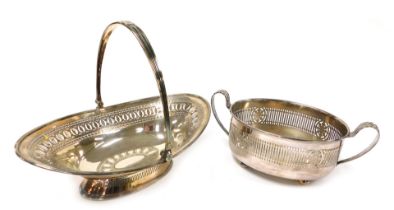 An Adam style silver plated oval basket, with pierced and engraved decoration, and swing handle with