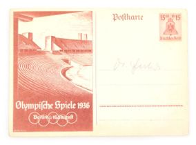 A German 1936 Olympische Spiele postcard, signed by Josef Goebbels.