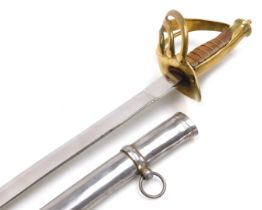 An Indian replica cavalry sabre, with a brass guard and wooden grip, wire bound, steel blade, with s