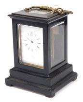 A late 19thC French ebonised striking carriage clock, by Henrymarc a Paris, rectangular enamel dial