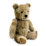 A mid century growler teddy bear with velvet pads, 34cm high.
