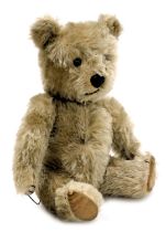 A mid century growler teddy bear with velvet pads, 34cm high.