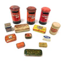 A group of vintage advertising tins and boxes, for Dr Rumney's mentholyptus, WM Clarke and Son Thund