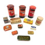 A group of vintage advertising tins and boxes, for Dr Rumney's mentholyptus, WM Clarke and Son Thund