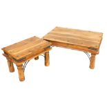 An Eastern hardwood coffee table, with metal mounts, on turned legs, 90cm wide, and a smaller table,