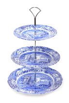 A Spode Pottery Italian pattern blue and white three tier cake stand, printed mark, 38cm high.