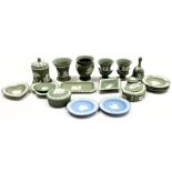 A group of Wedgwood green and light blue Jasper pottery, including vases, ashtrays, dressing table d